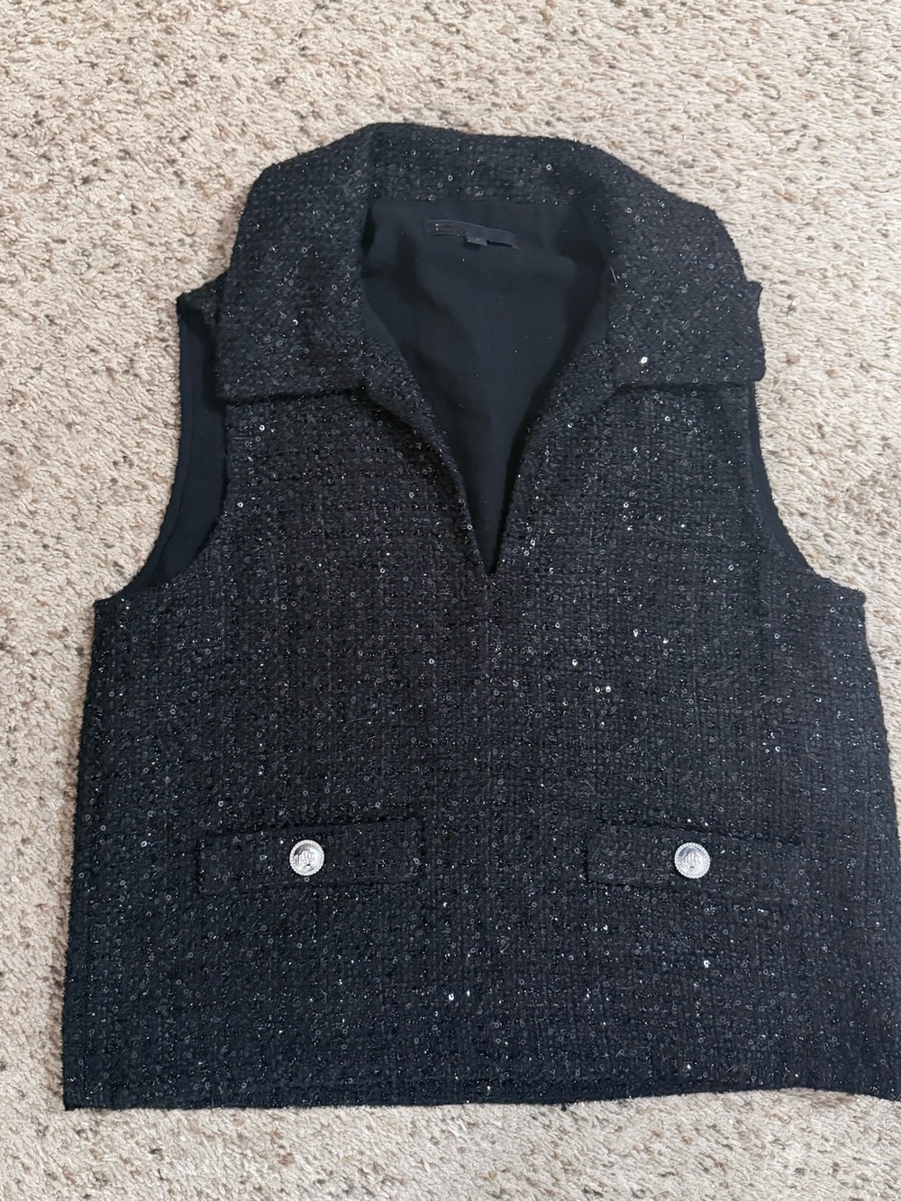 Black Sequin Tweed Vest - Chic V-Neck Sleeveless Top with Ornate Buttons